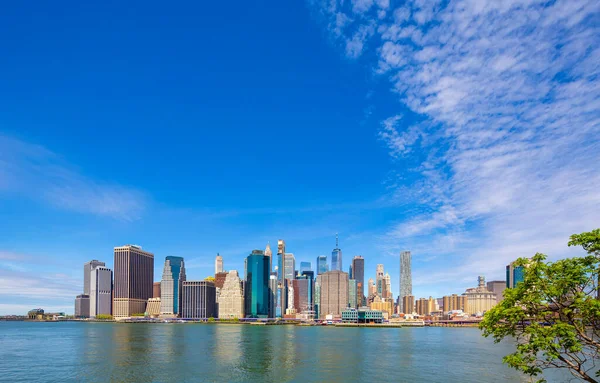 从纽约市布鲁克林大桥公园俯瞰曼哈顿下天际线 图库照片