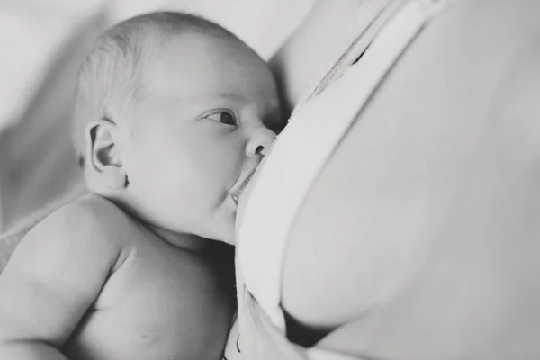 Mãe Amamentando Seu Bebê Recém Nascido Casa — Fotografia de Stock