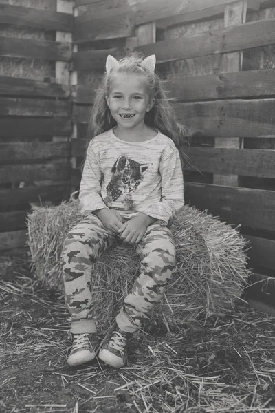 Gelukkig Meisje Het Hooi Platteland — Stockfoto