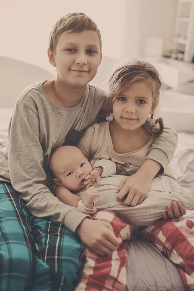 Big Brother Sister Playing Baby Brother Home — Stock Photo, Image