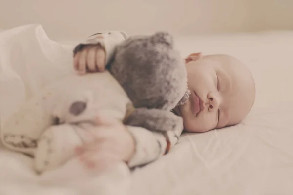 Recién Nacido Está Durmiendo Con Oso Cama — Foto de Stock