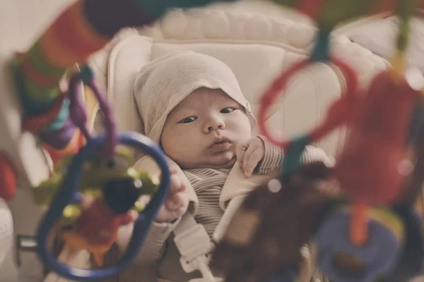 Newborn Baby Laying Bouncer Chair Playing Toy — Stock Photo, Image