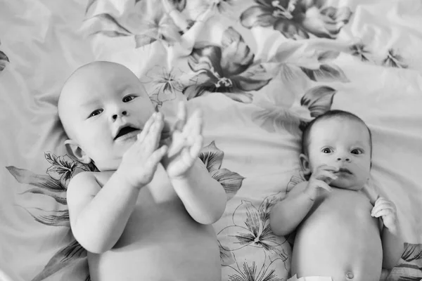 Dois Irmãos Engraçados Deitados Cama — Fotografia de Stock