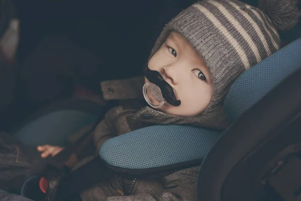 Baby Boy Car Seat Funny Dummy Mouth — Stock Photo, Image