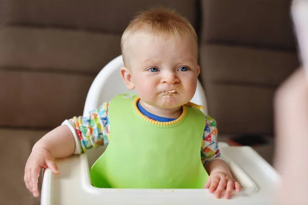 Baby refuse to eat a meat — Stock Photo, Image