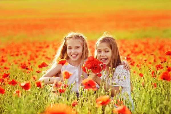 Two Happy Girls Laughing Poppy Field — Stock Photo, Image