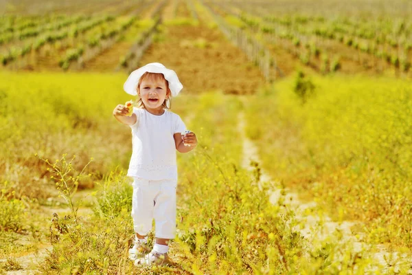 Mutlu Küçük Kız Sarı Çim Tarlasında — Stok fotoğraf