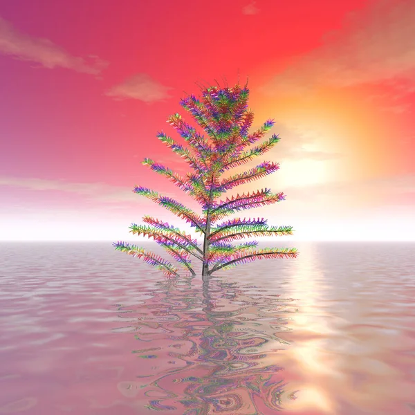A árvore misteriosa no oceano ao pôr-do-sol — Fotografia de Stock