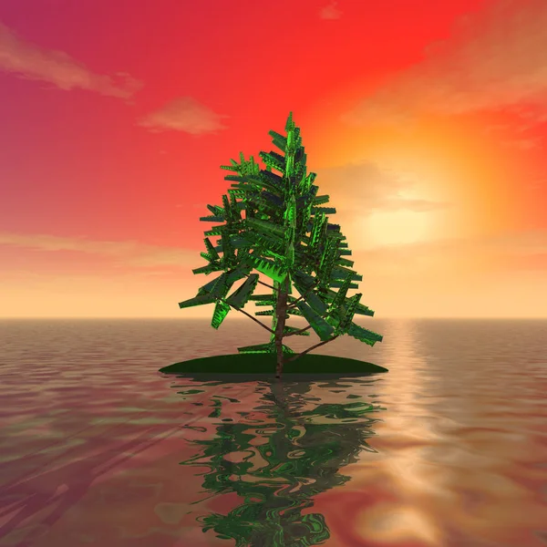 Ilha misteriosa com uma árvore no oceano — Fotografia de Stock