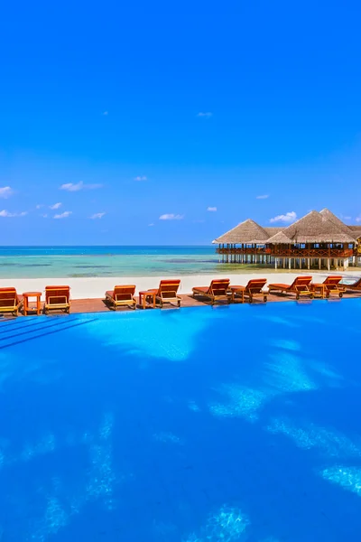 Pool and cafe on Maldives beach — Stock Photo, Image