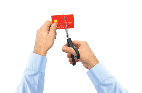 Tesoura cortando cartão de crédito antigo — Fotografia de Stock