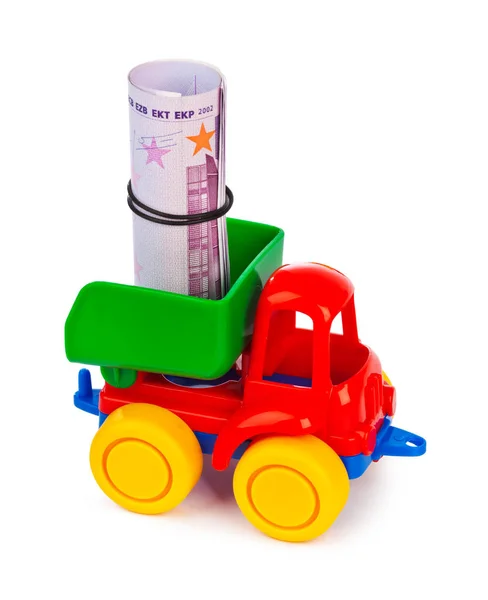 Hračkový vůz s penězi — Stock fotografie