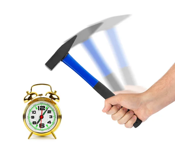Hand with hammer and alarm clock — Stock Photo, Image