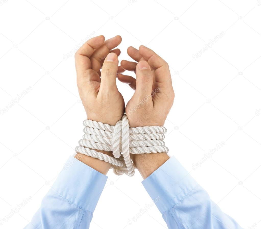 Bound hands isolated on white background