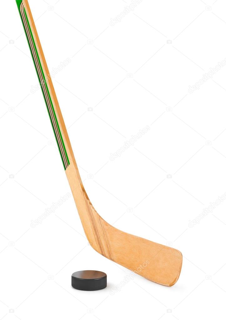 Ice hockey stick and puck