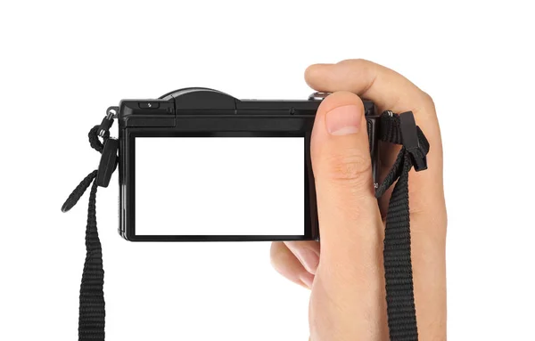 Foto camera in de hand — Stockfoto