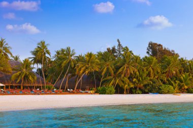 Havuzu ve kafe tropikal Maldivler Adası