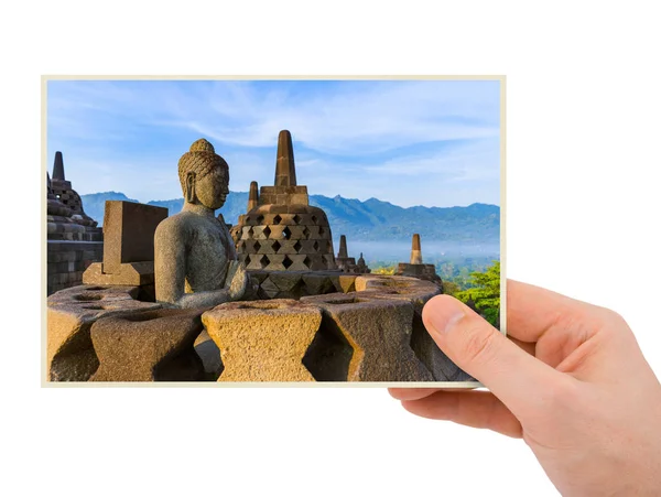 Kéz- és Indonéziában (az én-m fénykép Borobudur-templom) — Stock Fotó