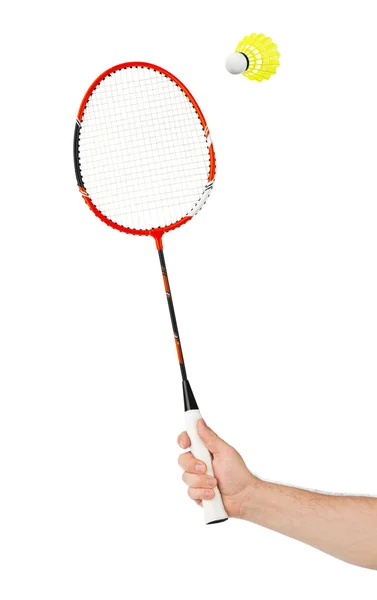 Mão com badminton raquete e shuttlecock — Fotografia de Stock