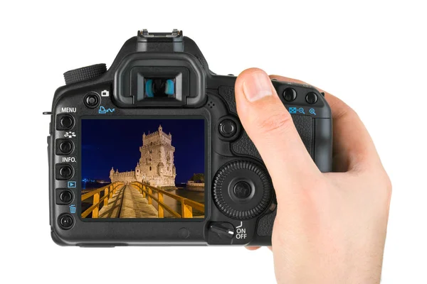 Ruka s kamerou a Belémská věž - Lisabon Portugalsko (mé foto) — Stock fotografie