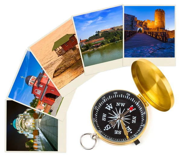 Serbia travel images (my photos) and compass — Stock Photo, Image