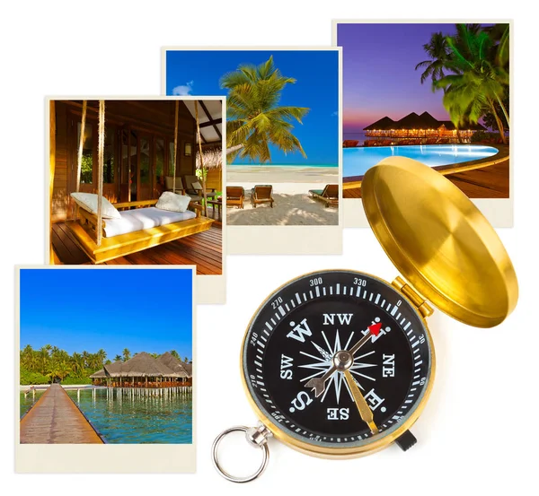 Maldives beach images and compass (my photos) — Stock Photo, Image