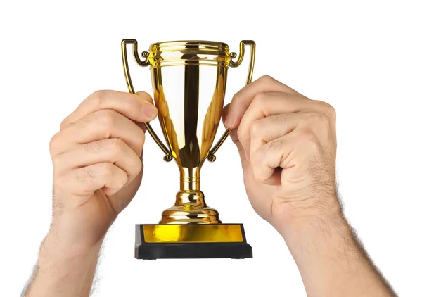 Golden trophy cup in hands — Stock Photo, Image