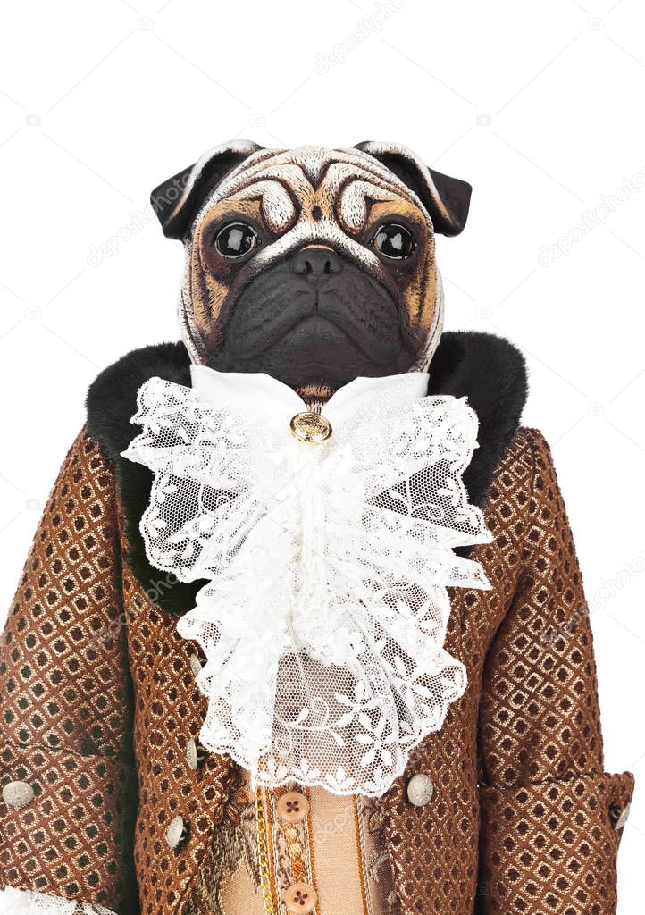 Toy pug dog in butler costume