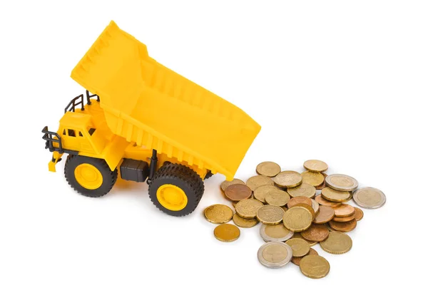Játék autó teherautó és a pénz érmék — Stock Fotó