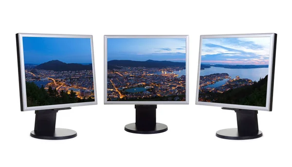 Panorama of Bergen Norway in computer monitors — Stock Photo, Image
