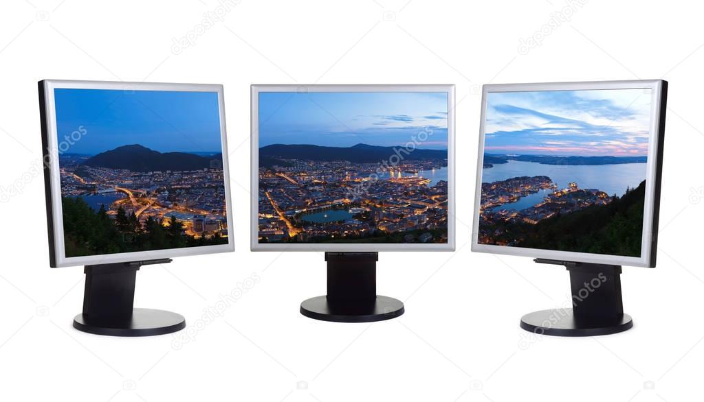 Panorama of Bergen Norway in computer monitors