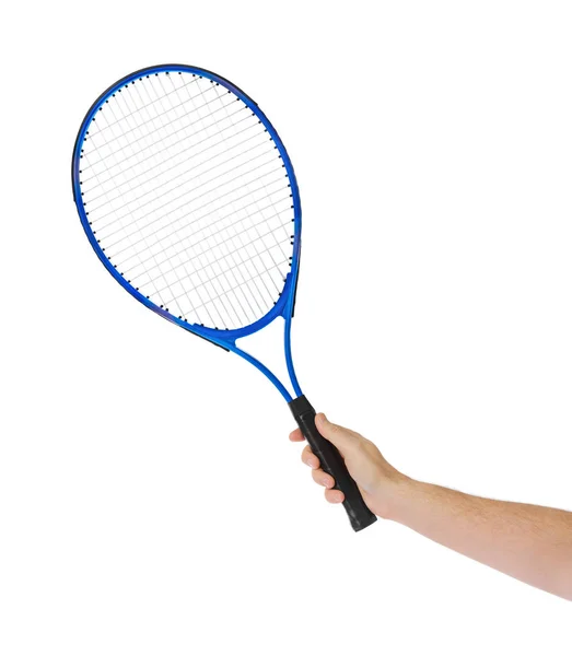 Close View Male Hand Holding Tennis Racket Blue Background — Stock