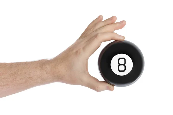 Hand with magic billiard ball number eight — Stock Photo, Image