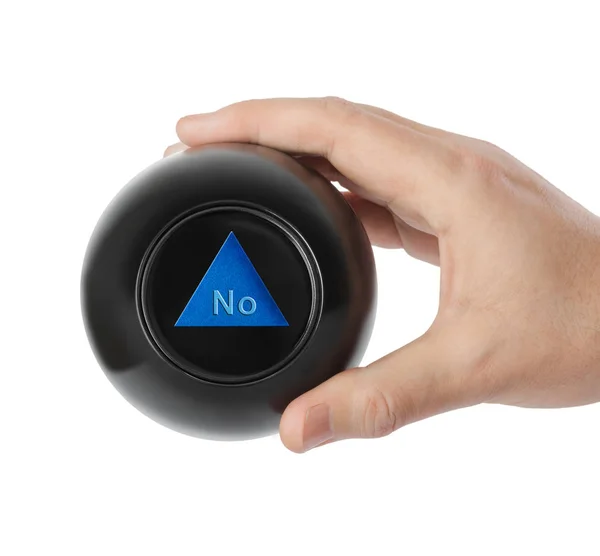 Magic ball with prediction No in hand — Stock Photo, Image