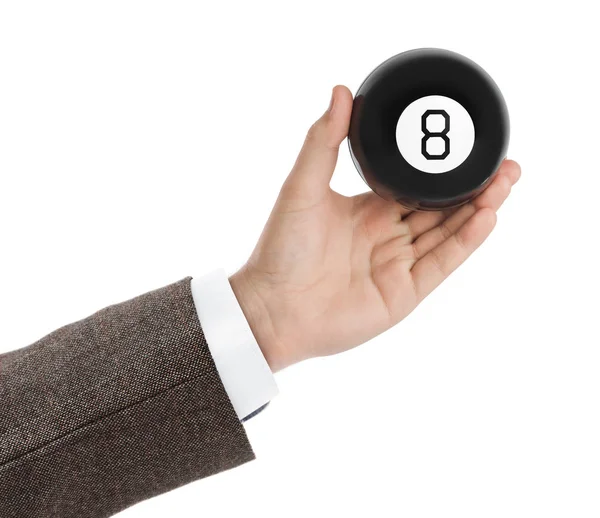 Hand with magic billiard ball number eight — Stock Photo, Image