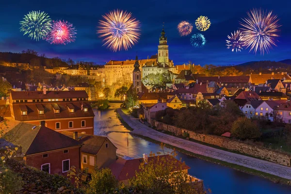 Cesky Krumlov and fireworks in Czech Republic — Stock Photo, Image