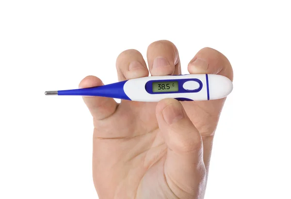 Hand with electronic thermometer 38,5 — Stock Photo, Image