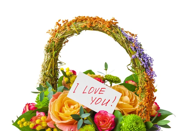 Flowers bouquet in basket and greeting card — Stock Photo, Image