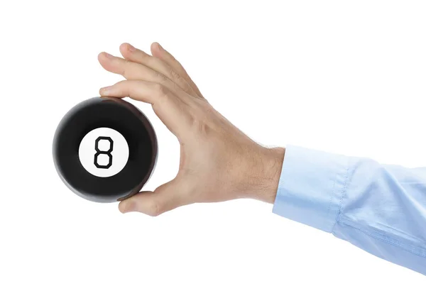 Hand med magiska Biljard boll nummer åtta — Stockfoto