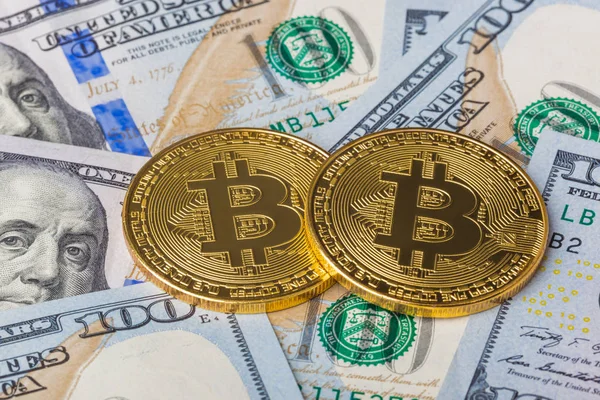 Bitcoins and money - business background — Stock Photo, Image