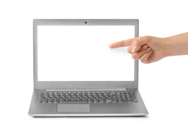 Комп'ютер ноутбука і вказівник руки — стокове фото