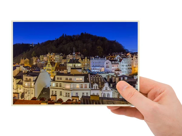 Hand and Karlovy Vary in Czech Republic (my photo) — Stock Photo, Image