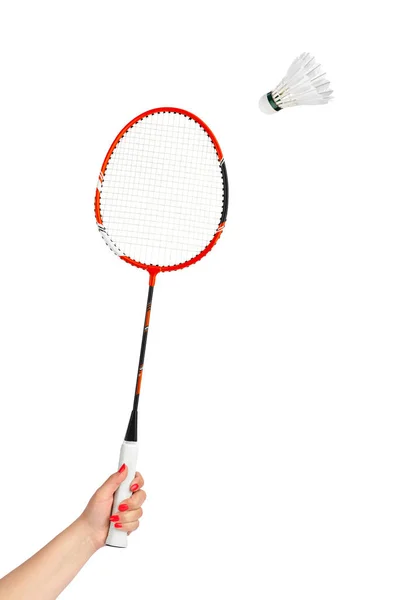 Mão com badminton raquete e pena shuttlecock — Fotografia de Stock