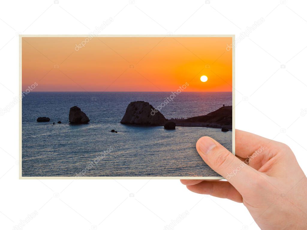 Hand and Aphrodite rock at sunset - Paphos Cyprus (my photo) isolated on white background