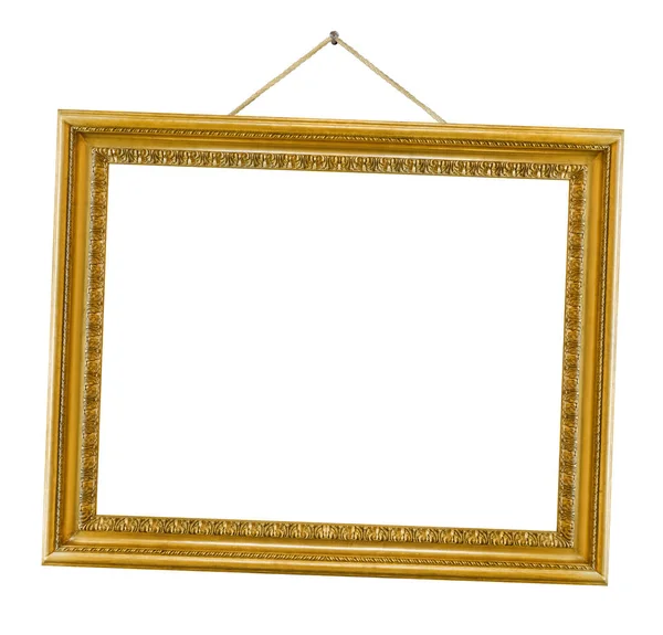 Old Wooden Picture Frame Hanging Rope Isolated White Background — Stock Photo, Image