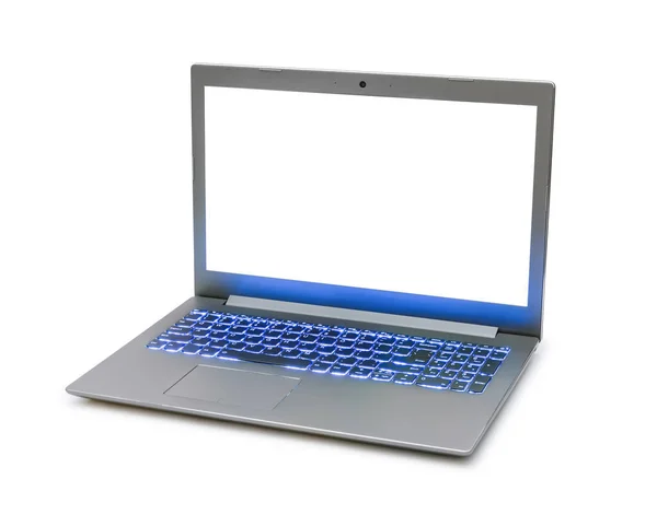 白い背景に隔離された青いキーボードバックライト付きノートパソコン — ストック写真