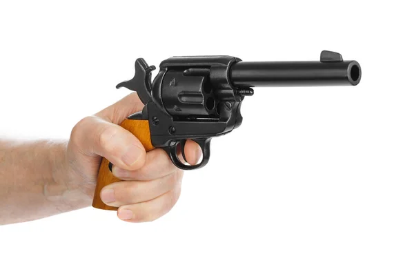 Hånd Med Revolverpistol Isolert Hvit Bakgrunn – stockfoto