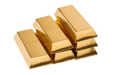 Beyaz arka planda izole edilmiş altın parmaklıklardan yapılmış merdivenler