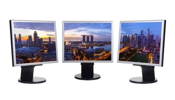Panorama Singapura Minha Foto Monitores Computador Isolado Fundo Branco — Fotografia de Stock