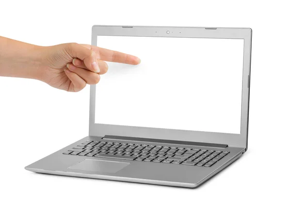 Notebook Computer Pointing Hand Isolated White Background — Stock Photo, Image